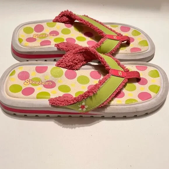 Skechers Pink and Green Polka Dot Vintage Flip Flops Size 8.5 - Picture 2 of 3